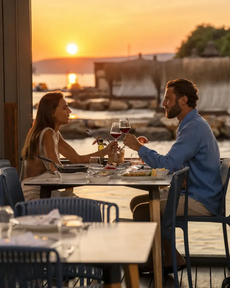 La Blanche Island kıyısında gün batımı yemeği